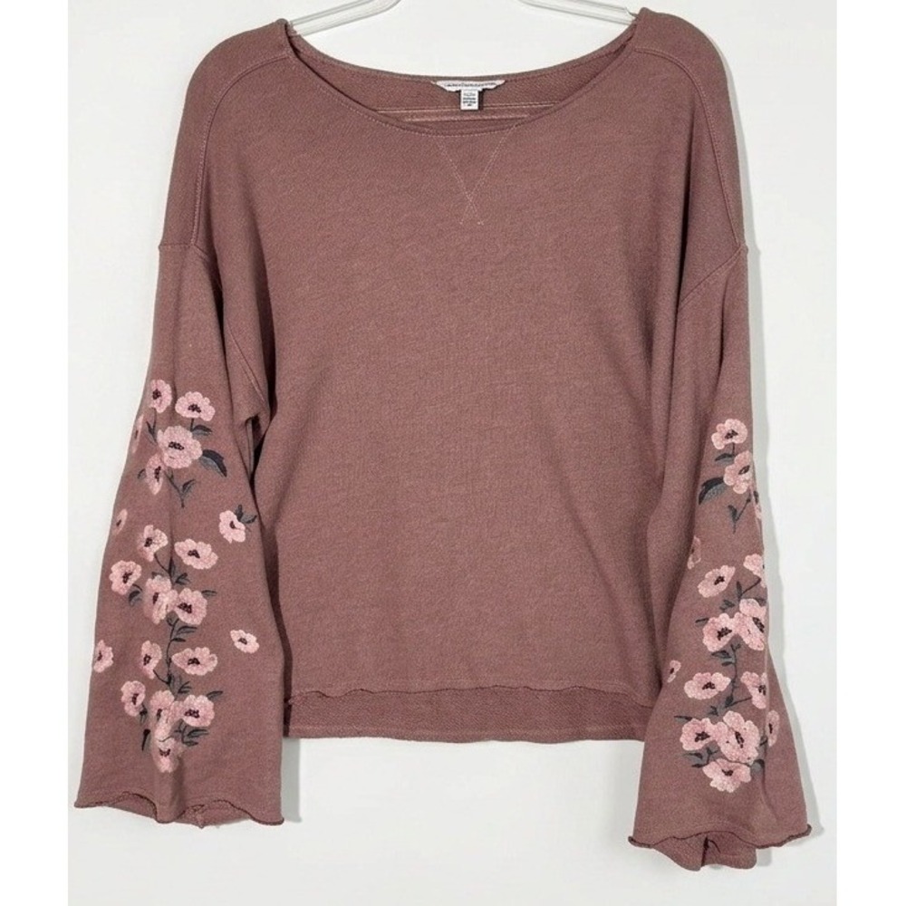 American Eagle Sweatshirt Womens XL Pink Floral Embroidered Bell Sleeve Boho
